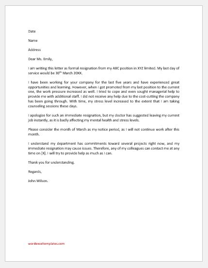 Immediate Resignation Letter Due To Stress Word And Excel Templates