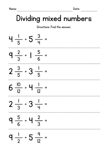 Free Dividing Mixed Numbers Worksheets