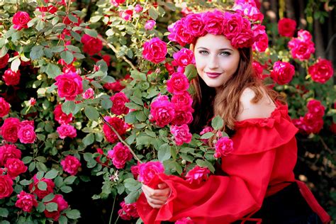 Free Images Girl Red Pink Flora Wreath Flowers Shrub Beauty Floristry Flowering Plant