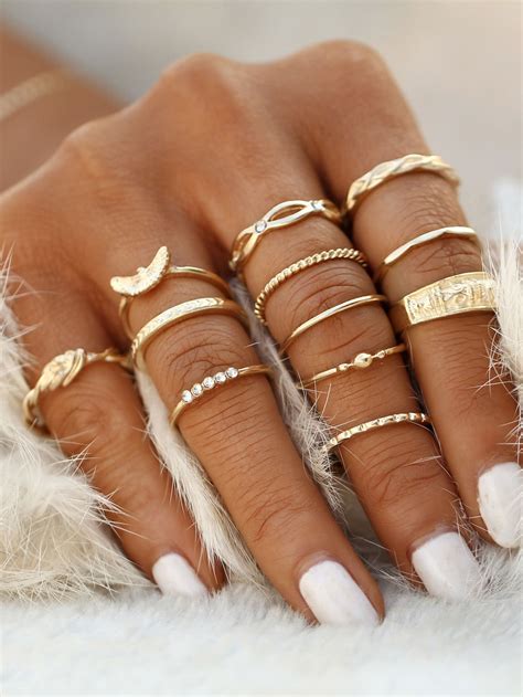 Gold Plated Embellished Ring Set Sheinsheinside Womens Rings