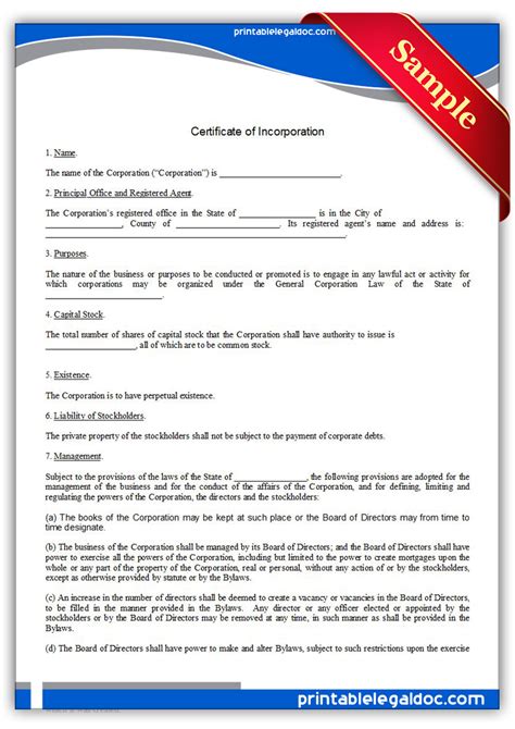 Free Printable Certificate Of Incorporation Form Generic