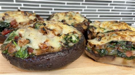 Stuffed Portobello Mushrooms Bacon Onions Spinach And Cheese Youtube