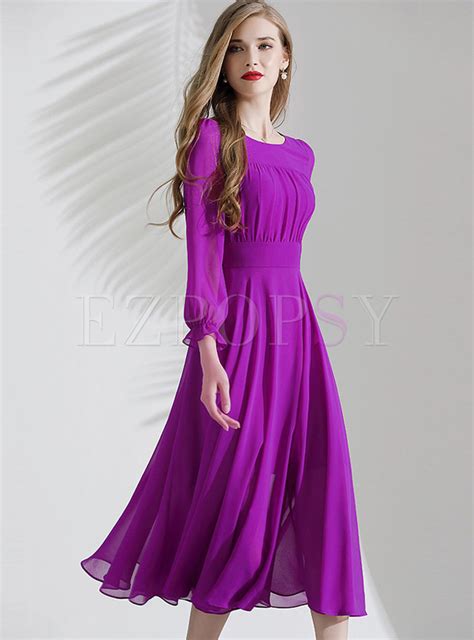 Dresses Skater Dresses Purple Long Sleeve A Line Chiffon Dress