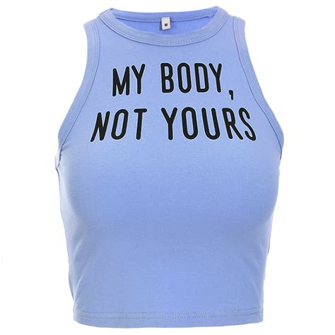 White Word My Body Not Yours Halter Basic Sleeveless Tight Crop Tank Tops Sexy Black Blue T