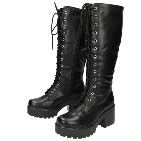 Chunky Heel Platform Gothic Punk Knee High Mid Combat Lace Up Boots