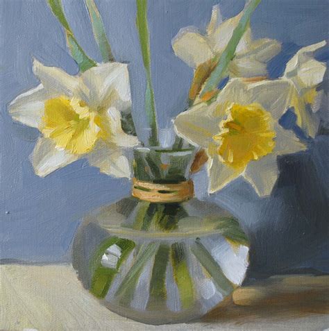 Beautiful flower vase table 04h. Paintings by Elena Katsyura: Daffodils in Vase