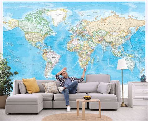 Giant World Map Wall Mural Standard Blue Ocean Wall Sized Self Adhesive Map Mural Gives