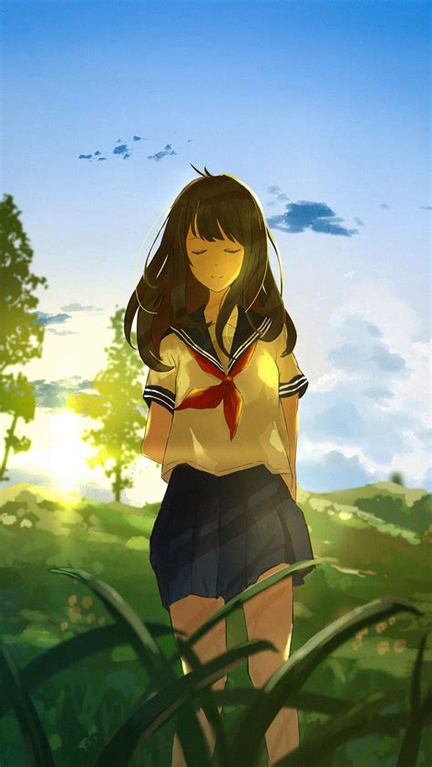 Download Wallpaper 1080x1920 Girl Sailor Suit Field Hills Summer