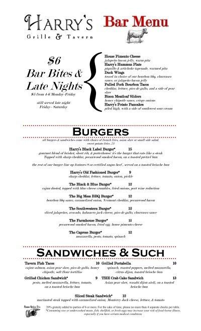 Late Night And Bar Menu Harry S Grille Tavern