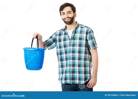 Handsome Man Holding Plastic Bucket Stock Image Image Of Color