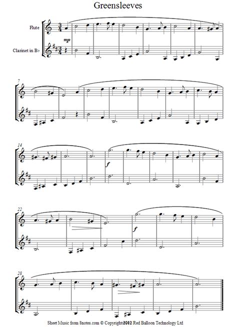 Anonymous (attributed to henry viii). flute-clarinet duet greensleeves sheet music - 8notes.com