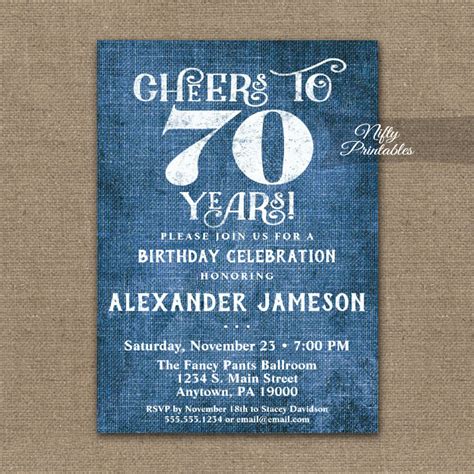 70th Birthday Invitations Blue Linen Rustic Cheers Printed Nifty