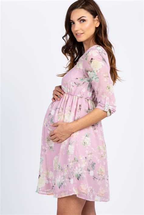 Ivory Floral Chiffon 34 Sleeve Maternity Dress