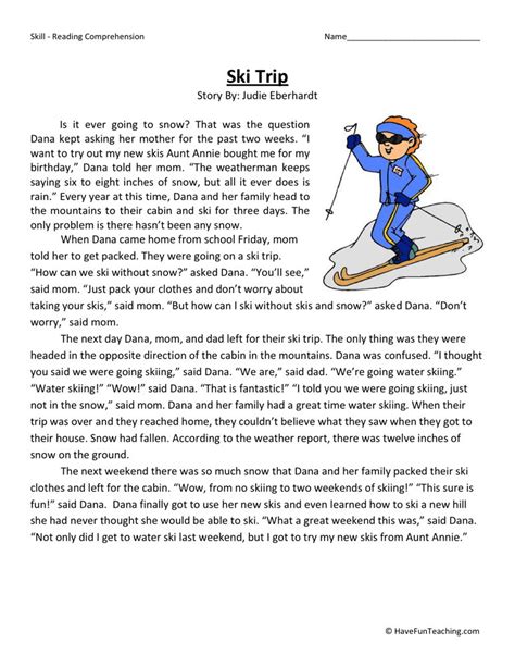 After finishing a test, you can review your answers. Reading Comprehension Worksheet - Ski Trip