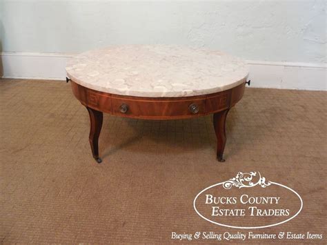 Weiman Regency Neo Classical Mahogany Inlaid Round Marble Top Coffee