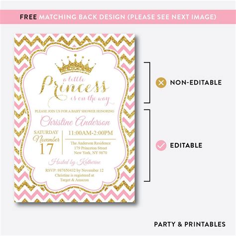 Gold Pink Princess Baby Shower Invitation Editable Instant Download