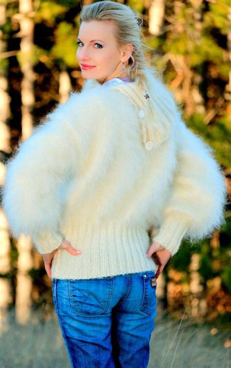 Ivory White Mohair Sweater Hand Knitted Designer Fuzzy Pullover By