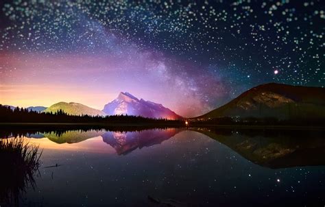 Wallpaper The Sky Stars Light Reflection Mountains Night Lake