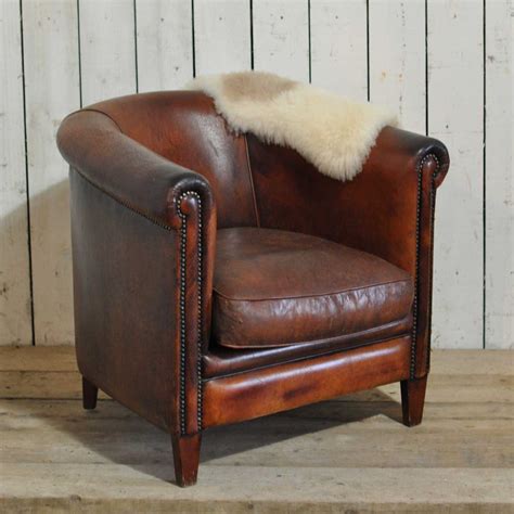 Vintage Worn French Leather Club Chair With Arms Home Barn Vintage
