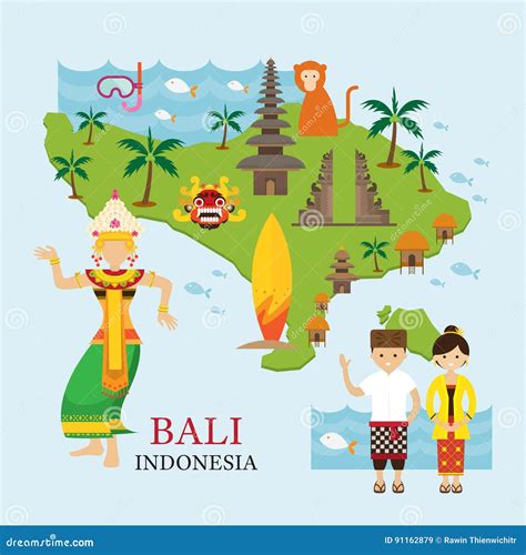 Bali Indonesia Map With Travel And Attraction Stock Vector