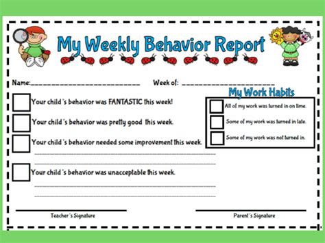 My Weekly Behavior Report Style 1 Printable Worksheet With Answer Key