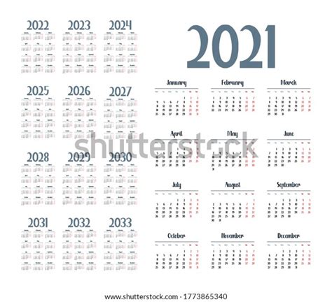 Simple Calendar 2021 2033 On White Stock Vector Royalty Free