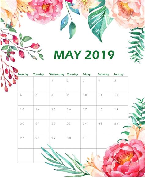 Printable May 2019 Floral Calendar Calendar Printables Flower