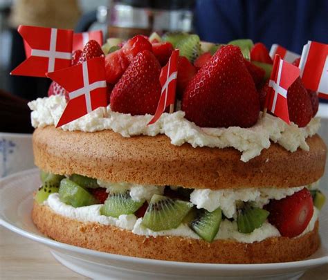 Danish Traditional Birthday Cake Filled With Fresh Fruits And Decorated