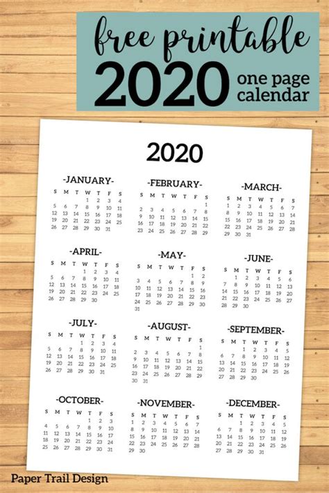 Calendar 2020 Printable One Page Paper Trail Design Planner