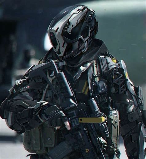 Futuristic Warrior Soldier In Black Future Armor Military Robotic