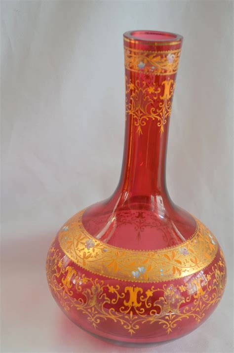 Moser Art Glass Vase Cranberry Gold And Raised Enamel Bohemian 1800s Victorian Period Glass Art