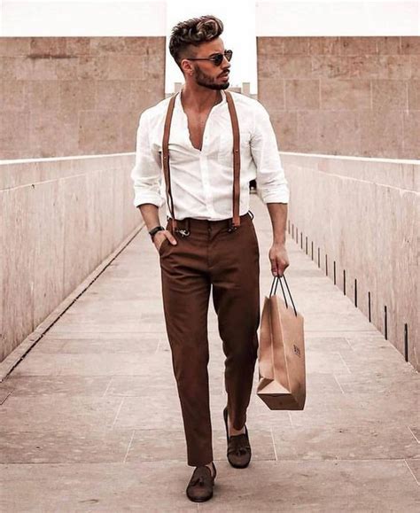 White Shirt Suspenders Outfits With Brown Suit Trouser Suspenders Style Men Vision Care