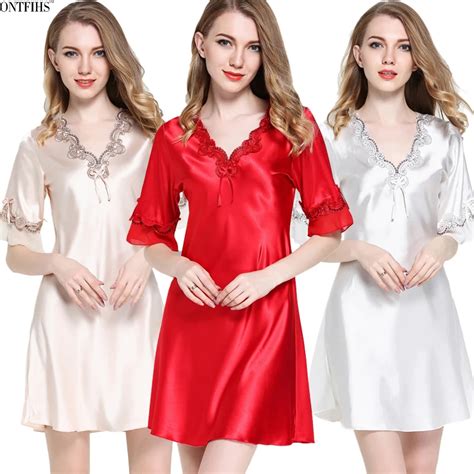 Summer Silk Satin Short Sleeve Nightgowns And Sleepshirts For Ladies V Neck Sleepwear Red