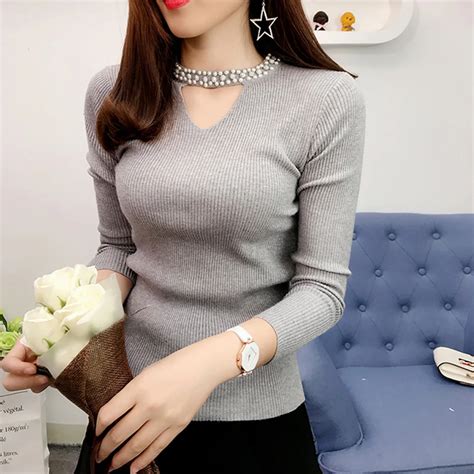 korean style women new slim solid sweater knitted beaded hollow o neck pullover fashion sweet