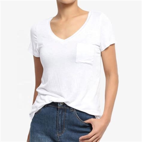 Womens Short Sleeve Loose Fit V Neck Plain Blank White T Shirt With Pocket