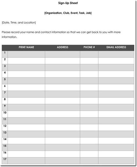 Signup Sheet Templates 40 Sheets 15 Types Word And Excel