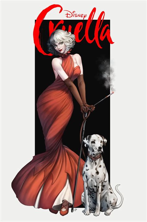2k Illustration Artwork Fan Art Disney Women Green Eyes Red Dress White Hair Cruella