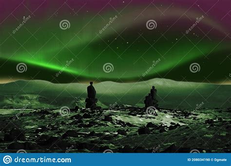Northern Lights Or Aurora Borealis Iceland And Cairn Stone Piles Stock