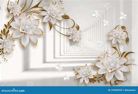 3d Golden Mural Background With Flowers Pearl Jewelery Circles