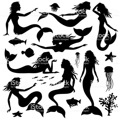Swimming Underwater Mermaid Black Vector Silhouettes Mermaid Female