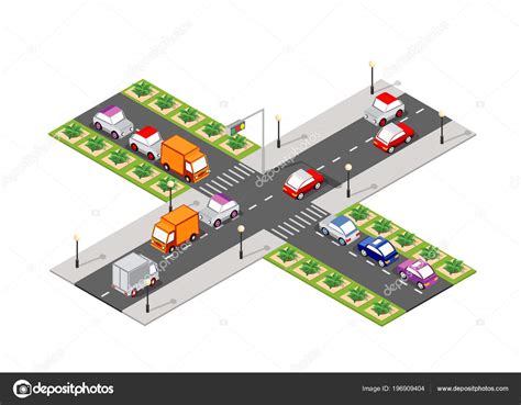 Crossroad Road Isometric City Street Cars Trees Urban Infrastructure ⬇