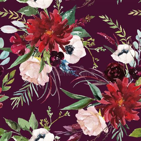Watercolor Seamless Pattern Floral Illustration Burgundy Pink