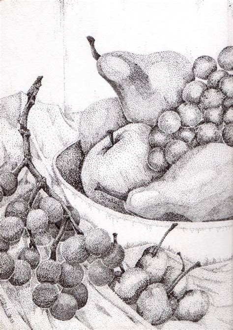 Pointillism Fruit Bowl Dotted Drawings Life Drawing Stippling Art