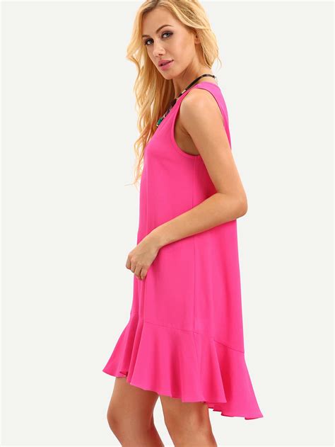 Hot Pink Sleeveless Ruffle Shift Dress Sheinsheinside