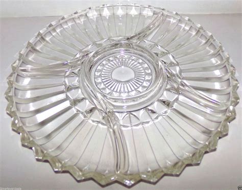 Vintage 4 Section Pressed Glass Round Relish Dish Divided Plate Divided Tray Serving Dish