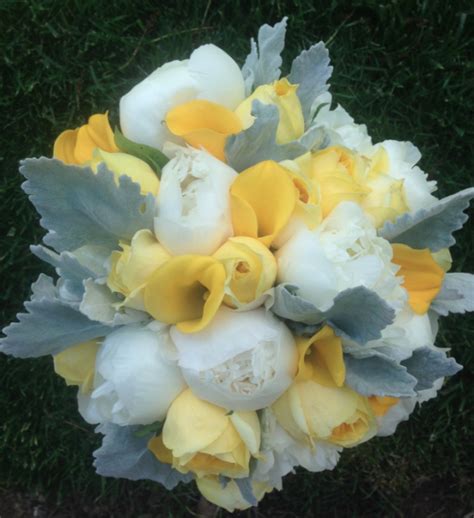 Yellow White And Grey Bridal Bouquet In 2020 Yellow Flower