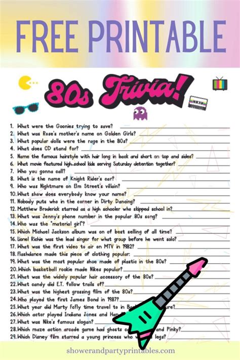 80s Trivia Questions And Answers Printable Free Shower And Party