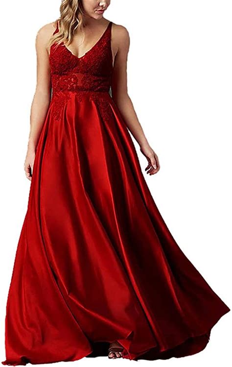 Womens Deep V Neck Lace Bodice Prom Party Dresses Long Satin Applique Formal Evening Gown At
