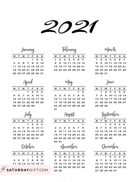 Minimal One Page Calendar For 2020 And 2021 Free Printables Calendar