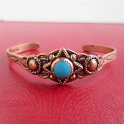 Southwest Solid Copper Cuff Bracelet W Faux Turquoise Stone Etsy
